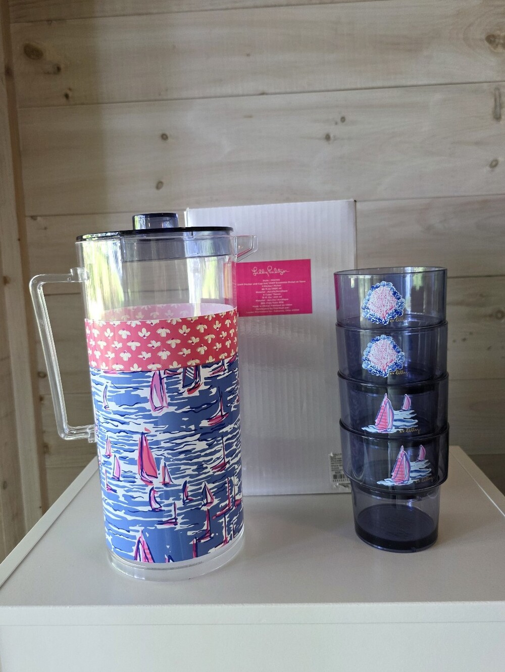 NWT Lilly Pulitzer Pitcher and Cup (4) Set Boatylicious Blue Pink White